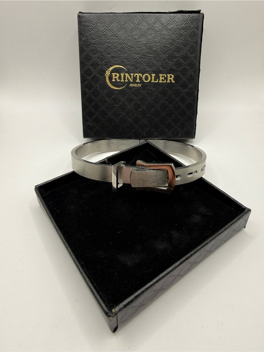 Rintoler Stainless Steel Brushed Belt Buckle Adjustable Hinges Bangle Bracelet
